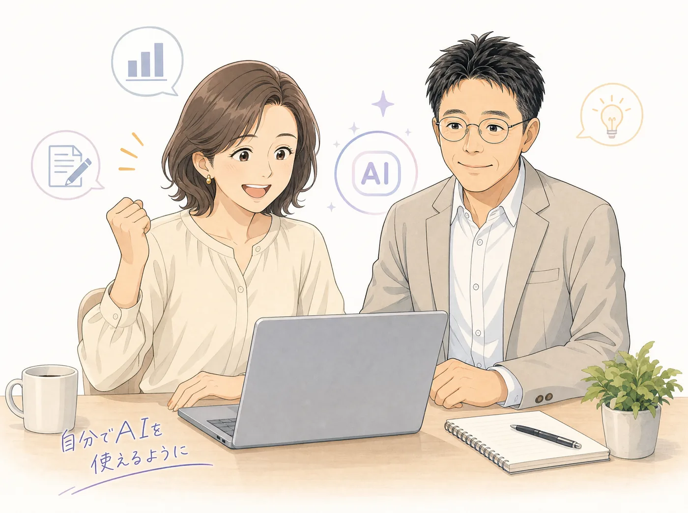 社員さんが自分でAIを操作できるようになり、猪熊が対等に見守るマンガ