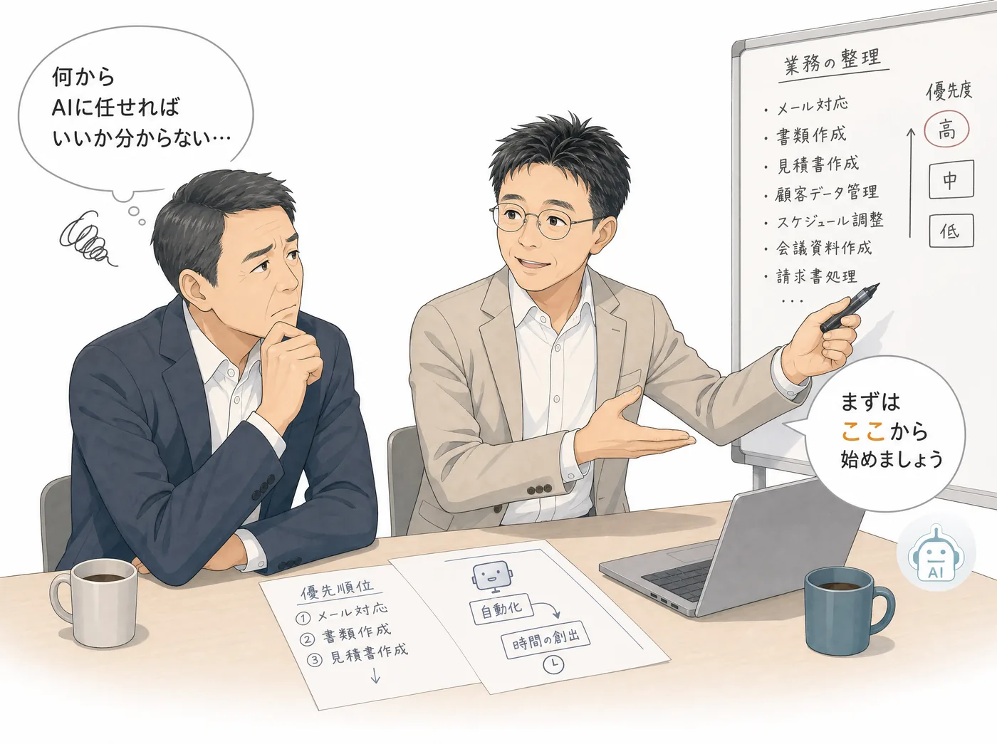 社長と猪熊が、業務を書き出して『まずはここから始めましょう』と優先順位を一緒に決めるマンガ