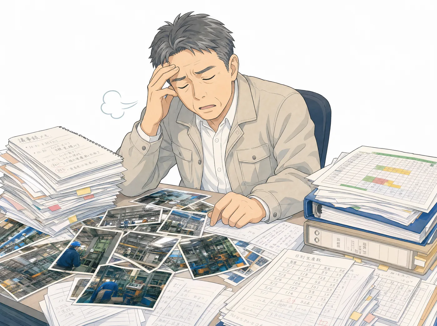 書類や写真、Excelに追われる社長。これ、全部やる時間がない…という場面のマンガ