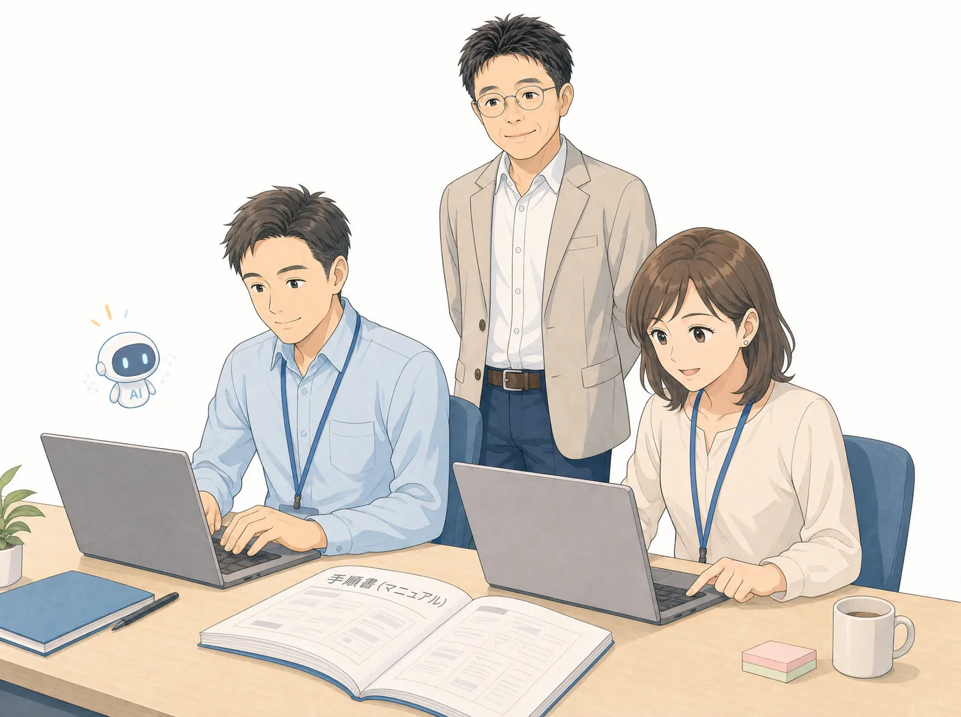 スタッフが手順書を見ながら自分たちでAIを使い、猪熊は後ろで見守る『社内に残る仕組み』のマンガ